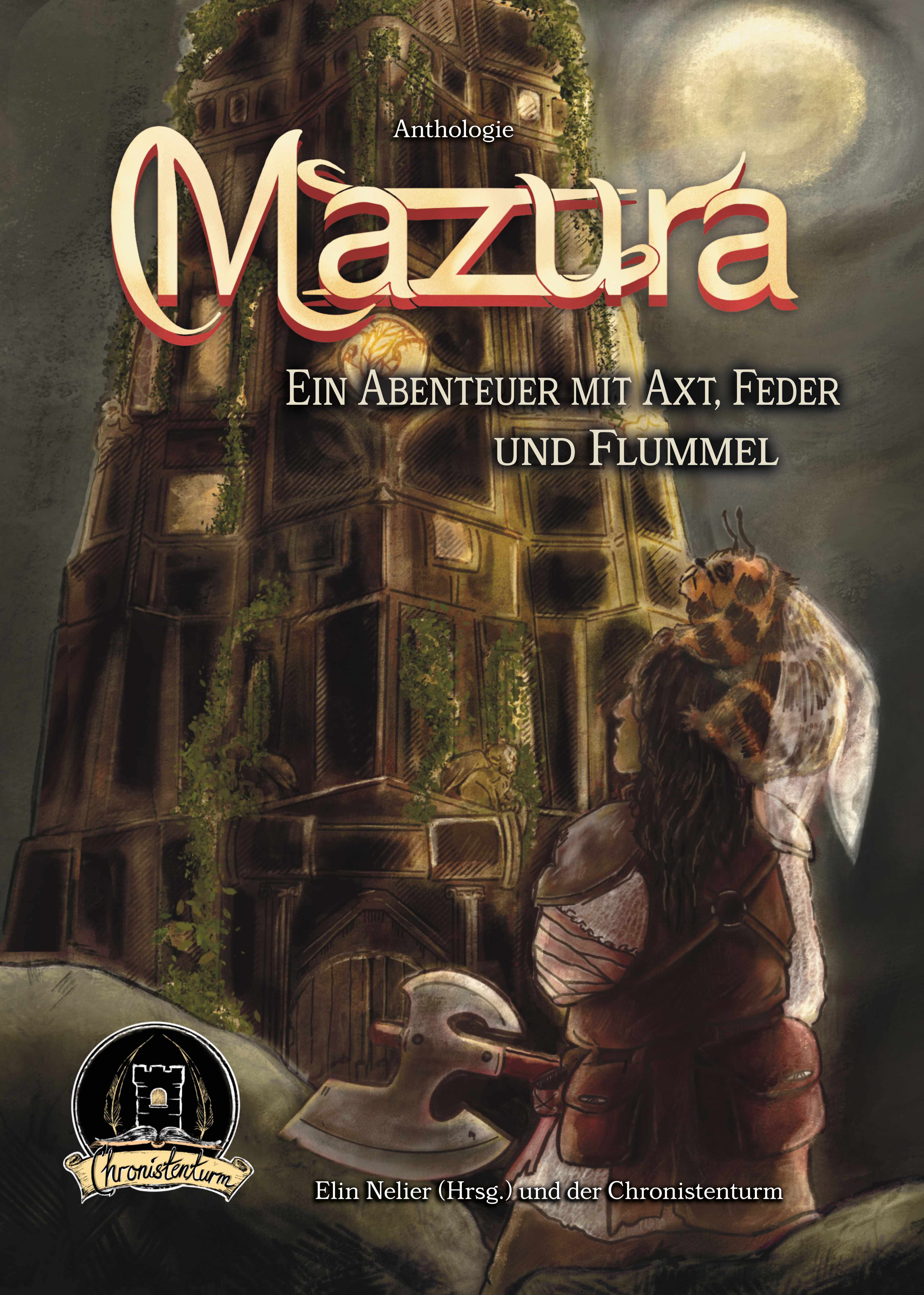 Buchcover der Kurzgeschichtensammlung 'Mazura - Ein Abenteuer mit Axt, Feder und Flummel'